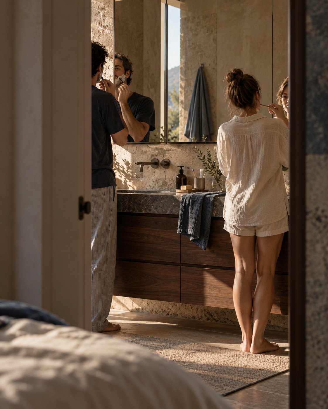 Editorial illustration of a couple shaving and brushing their teeth, glimpsed through a bathroom doorway