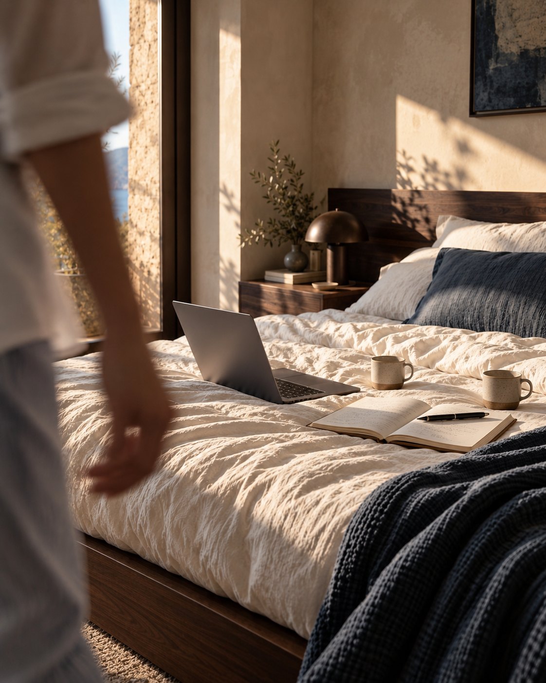 Editorial scene: someone passes a sunlit bed with a laptop and notebook