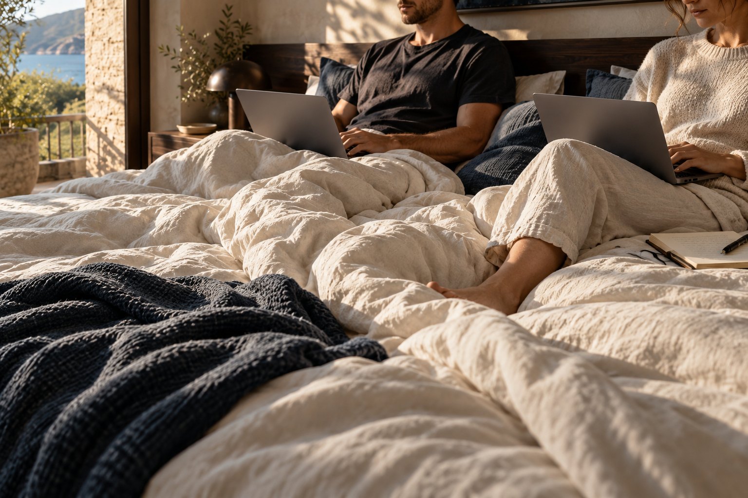 Editorial illustration of a couple building their businesses side by side in bed
