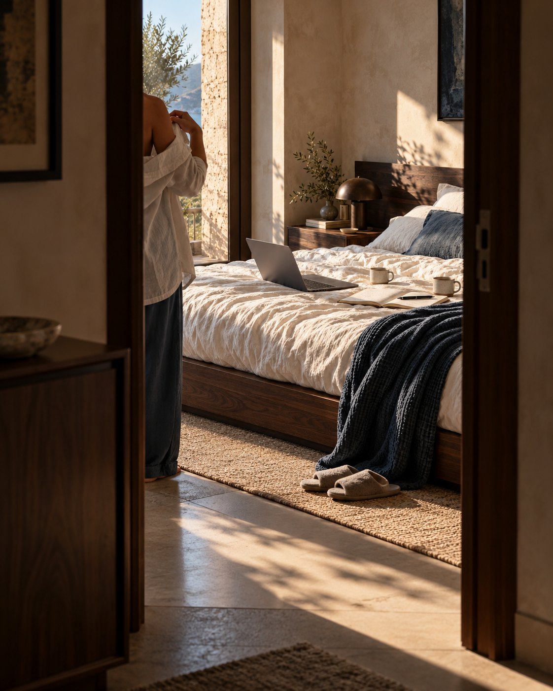 Editorial view of the bedroom through a doorway, with a person partly hidden by the frame